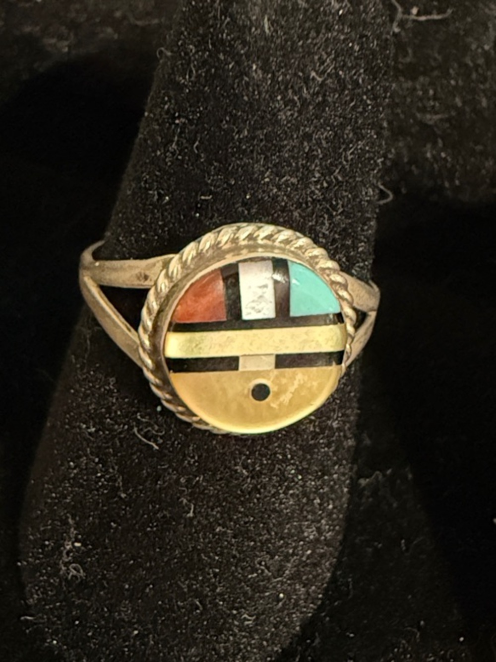 Zuni Sterling Silver Turquoise Coral Inlay Ring Size 6.25